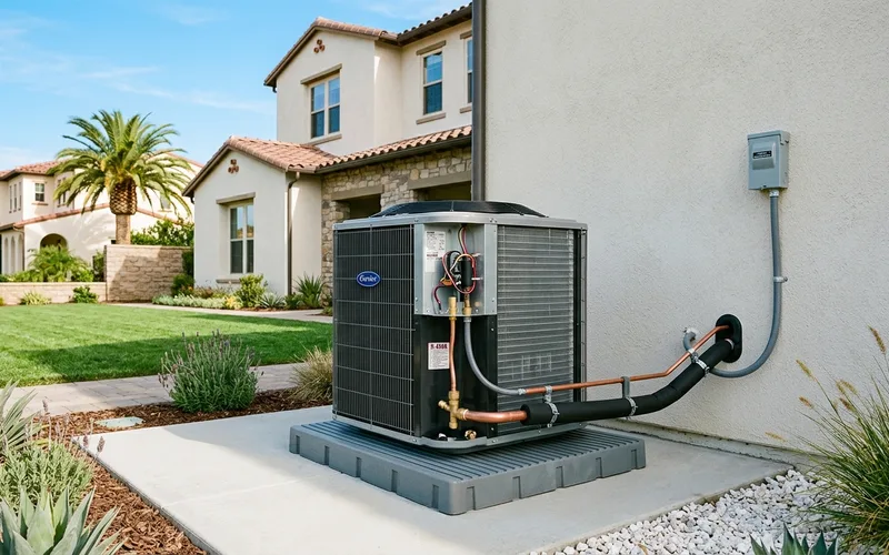 Precision central air conditioning outdoor condenser unit installation on level equipment pad in Paramount CA