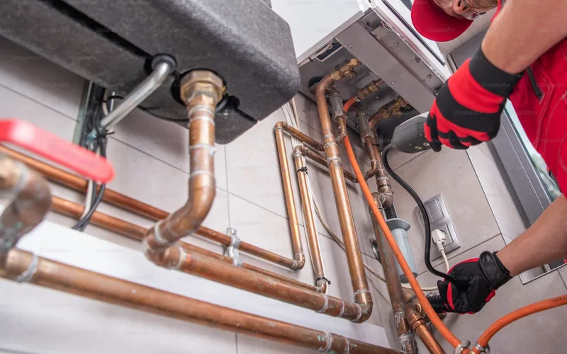 SafeCool Air Systems heating specialist inspecting furnace burner and safety controls during diagnostic in Paramount CA