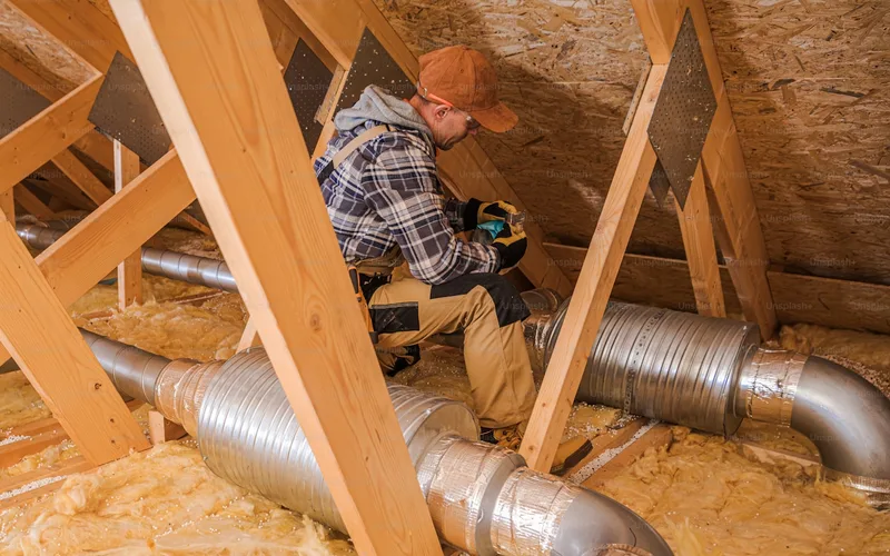 Professional HVAC technician inspecting and mastic-sealing residential ductwork system in Paramount CA