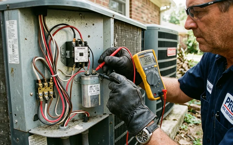SafeCool Air Systems HVAC technician using digital multimeter to test electrical run capacitor and contactor on an air conditioning condenser unit in Paramount CA