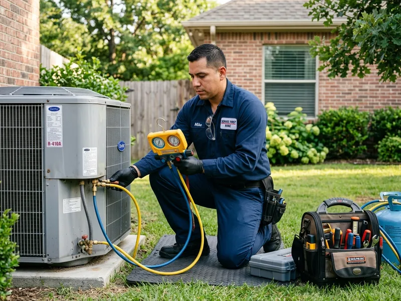 Certified HVAC technician checking refrigerant operating pressure on outdoor central air conditioning unit in Paramount CA