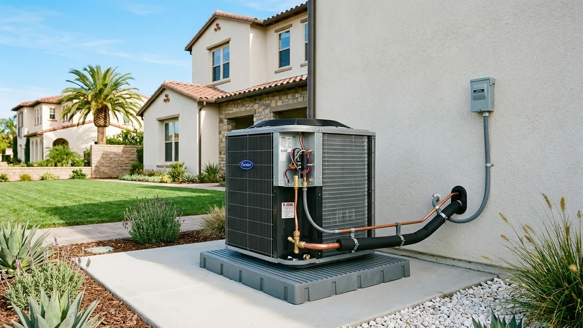 High-efficiency residential central air conditioning outdoor condenser unit installed on an equipment pad outside a home in Paramount California
