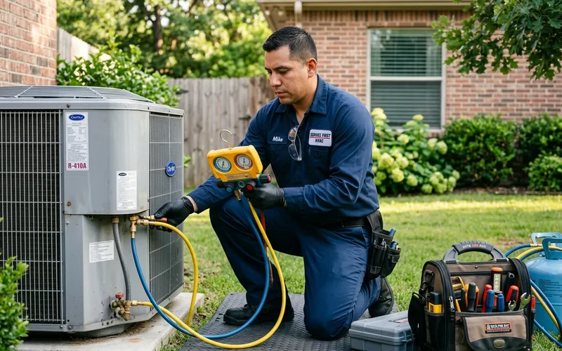 Professional HVAC technician conducting seasonal multi-point HVAC maintenance and diagnostic inspection in Paramount CA